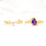 Nature-Inspired Bezel Pear Cut Amethyst Engagement Ring Set - White-Gold