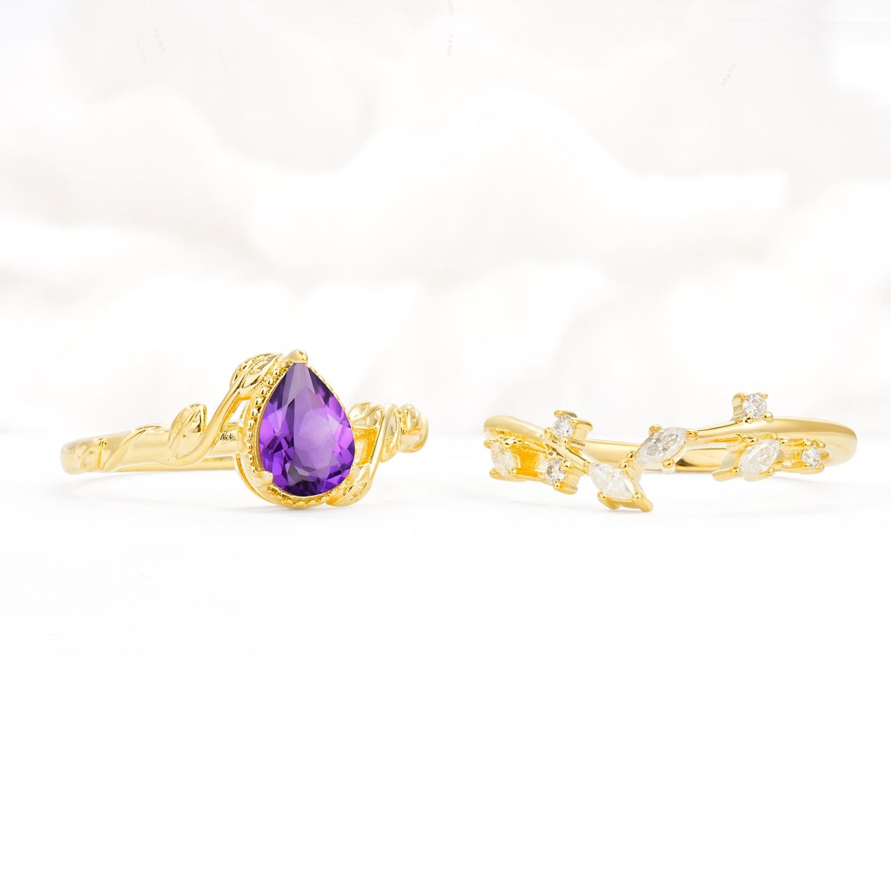 Nature-Inspired Bezel Pear Cut Amethyst Engagement Ring Set - Additional view