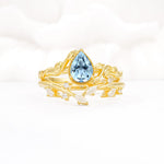 Nature-Inspired Bezel Pear Cut Aquamarine Engagement Ring Set - Yellow-Gold