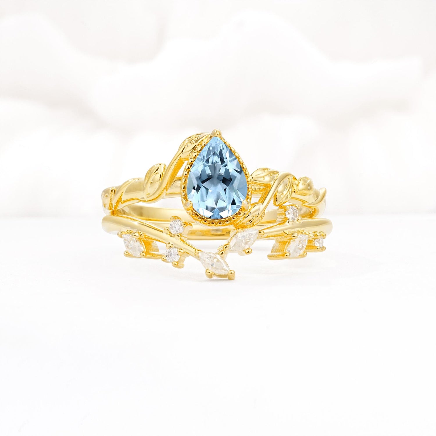 Nature-Inspired Bezel Pear Cut Aquamarine Engagement Ring Set - Yellow-Gold