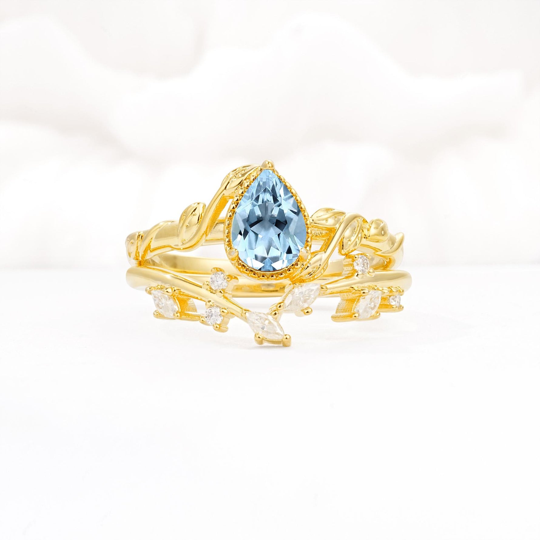 Nature-Inspired Bezel Pear Cut Aquamarine Engagement Ring Set - Yellow-Gold