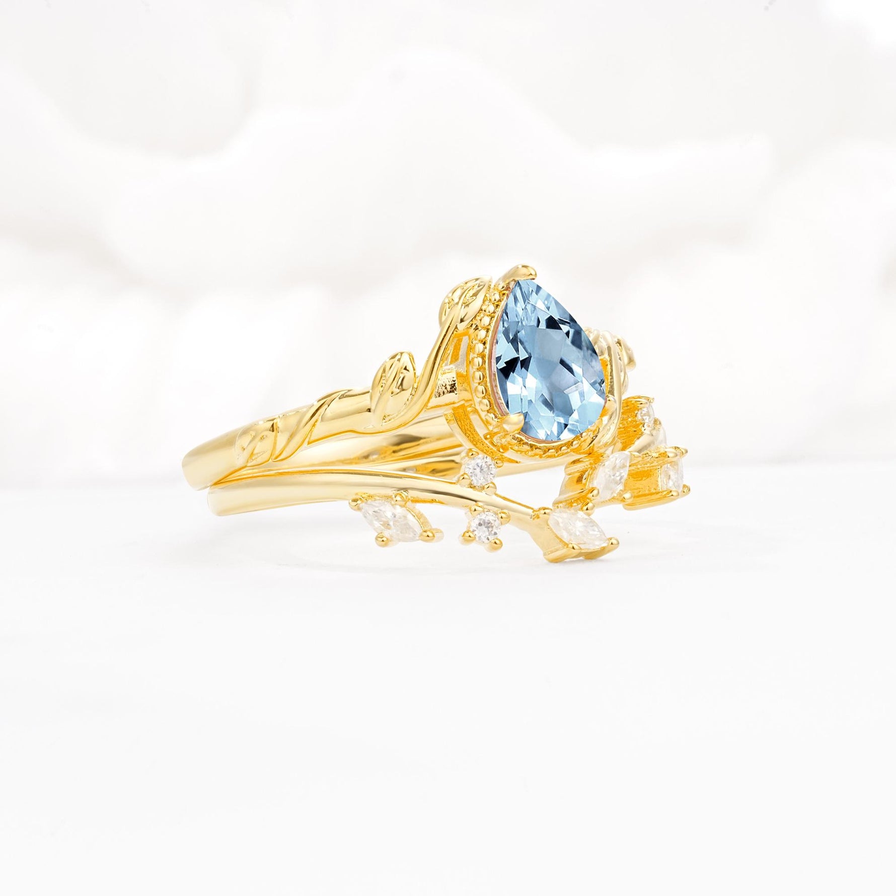Nature-Inspired Bezel Pear Cut Aquamarine Engagement Ring Set - Rose-Gold