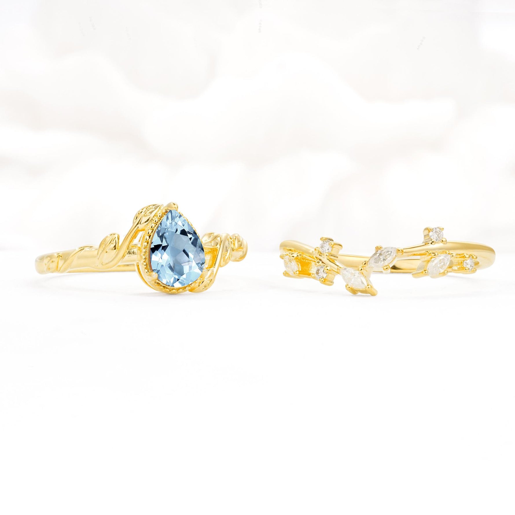 Nature-Inspired Bezel Pear Cut Aquamarine Engagement Ring Set - Additional view
