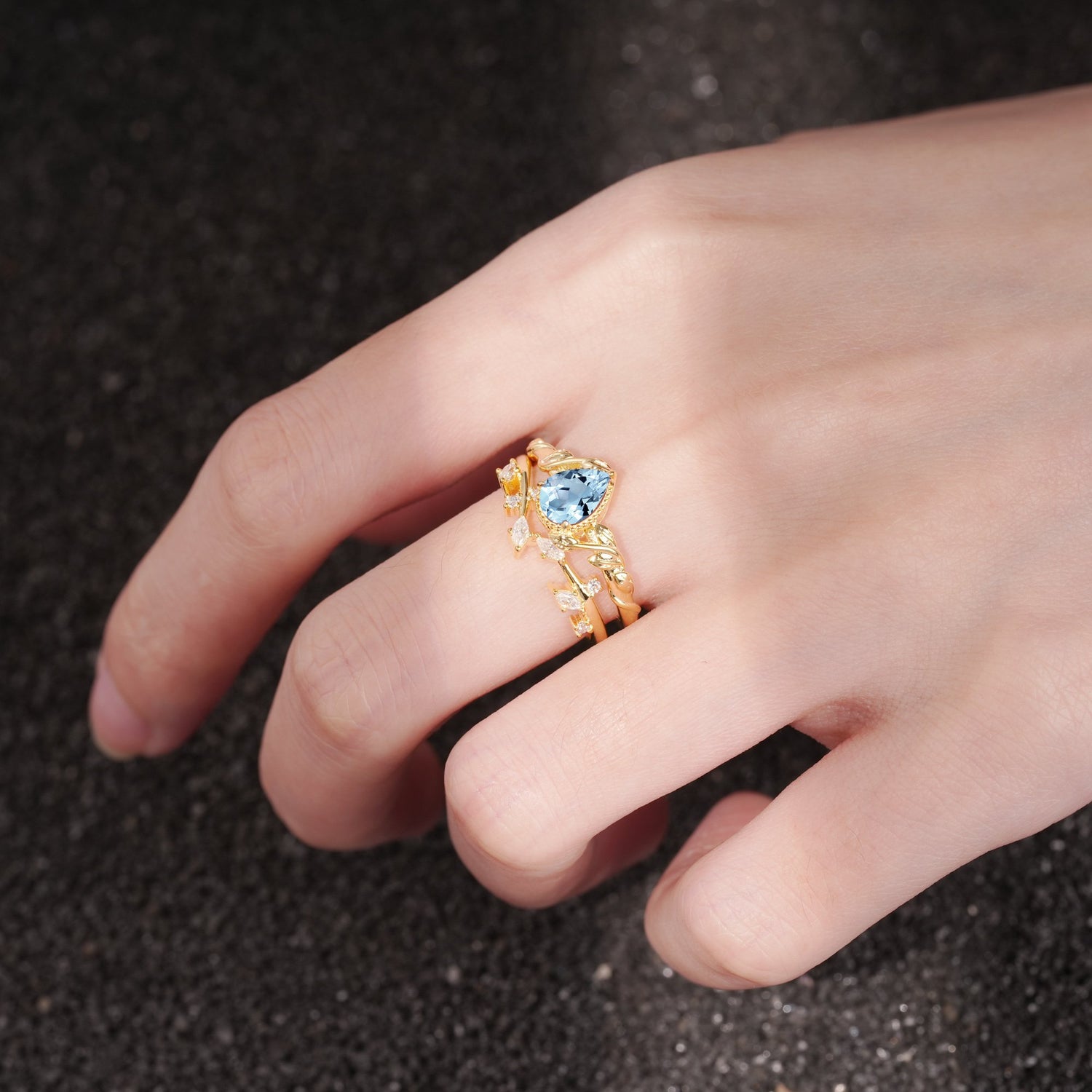 Nature-Inspired Bezel Pear Cut Aquamarine Engagement Ring Set