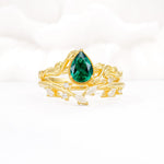 Nature-Inspired Bezel Pear Cut Emerald Engagement Ring Set - Yellow-Gold
