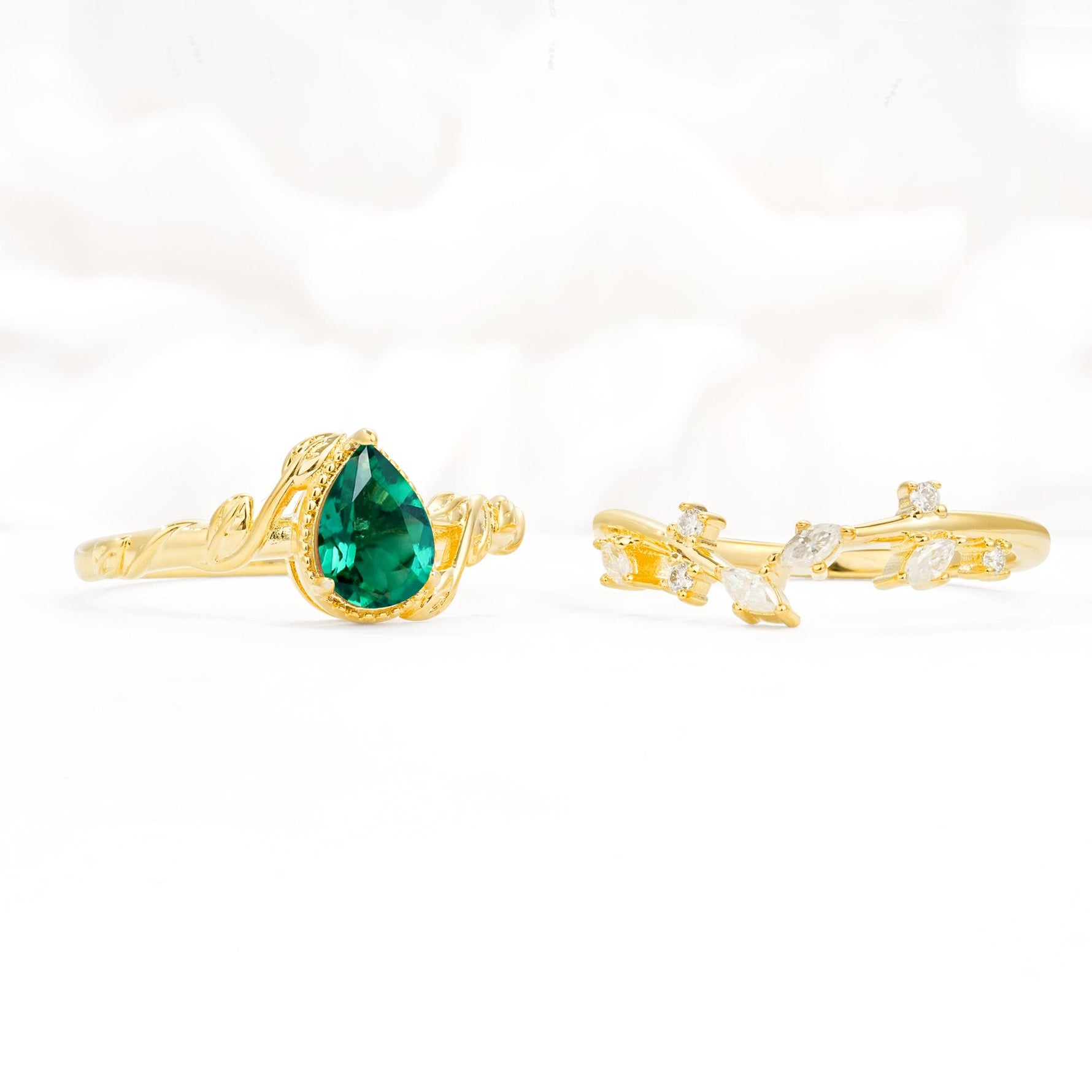 Nature-Inspired Bezel Pear Cut Emerald Engagement Ring Set - Additional view