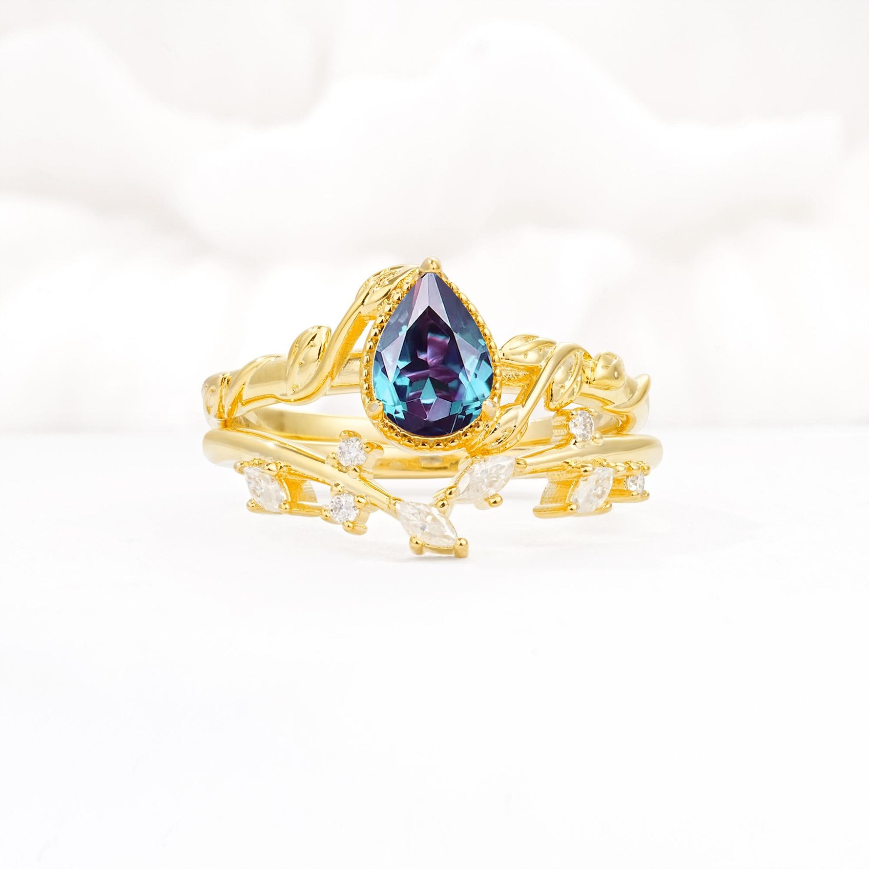 Nature-Inspired Bezel Pear Cut Alexandrite Engagement Ring Set - Yellow-Gold