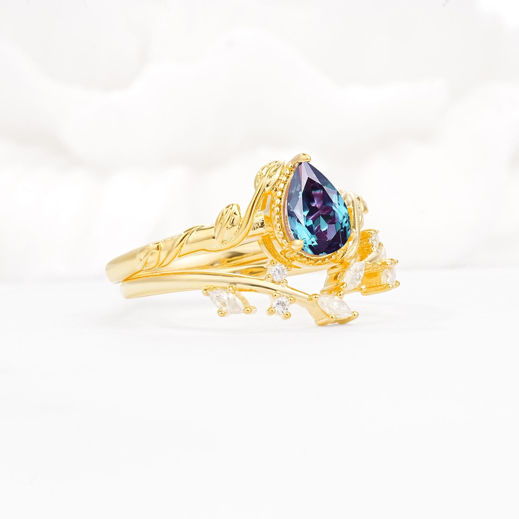 Nature-Inspired Bezel Pear Cut Alexandrite Engagement Ring Set - Rose-Gold