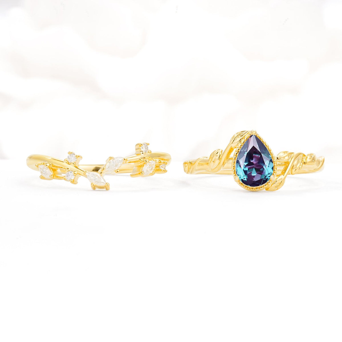 Nature-Inspired Bezel Pear Cut Alexandrite Engagement Ring Set - White-Gold
