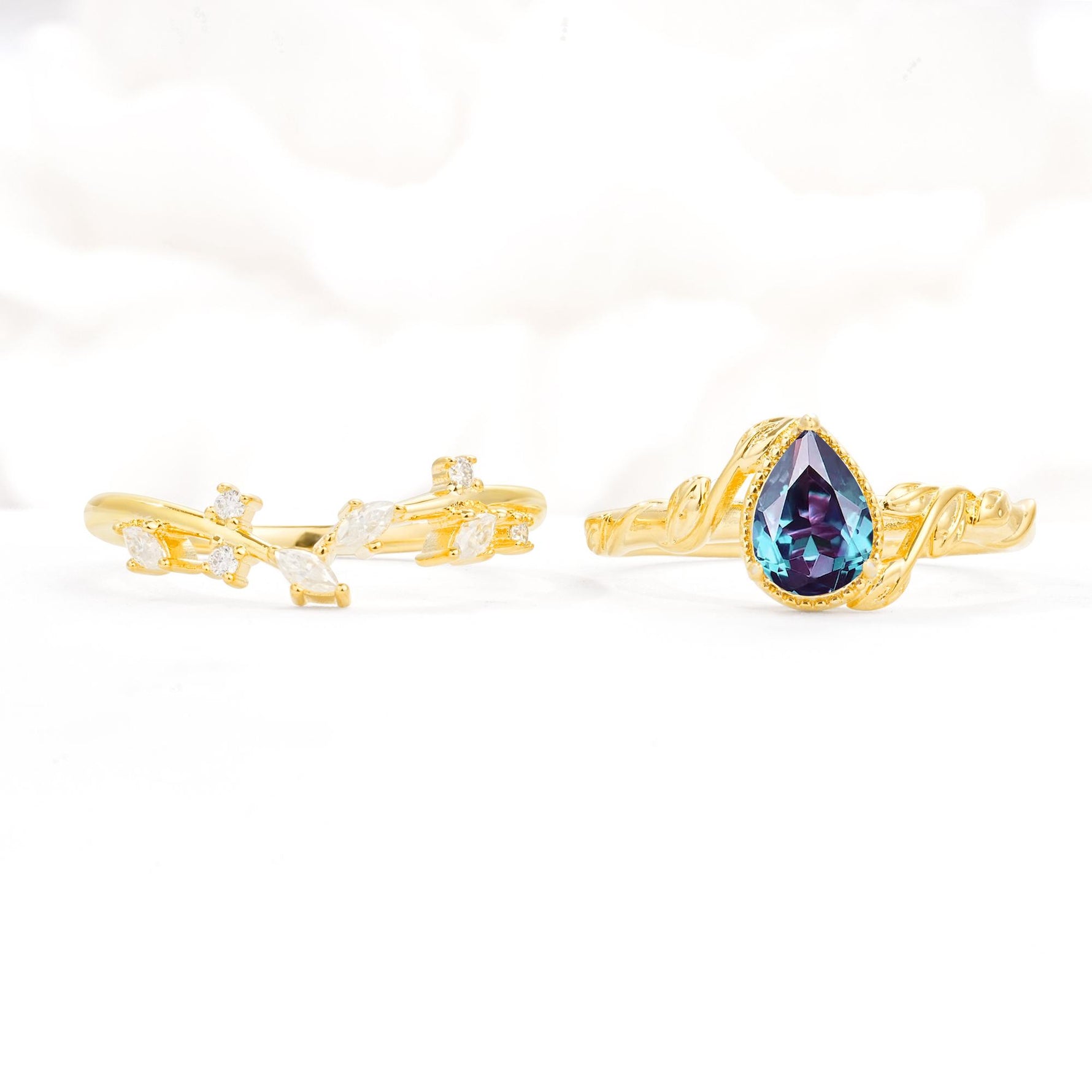 Nature-Inspired Bezel Pear Cut Alexandrite Engagement Ring Set - White-Gold