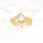 Nature-Inspired Bezel Pear Cut Moonstone Engagement Ring Set - Yellow-Gold