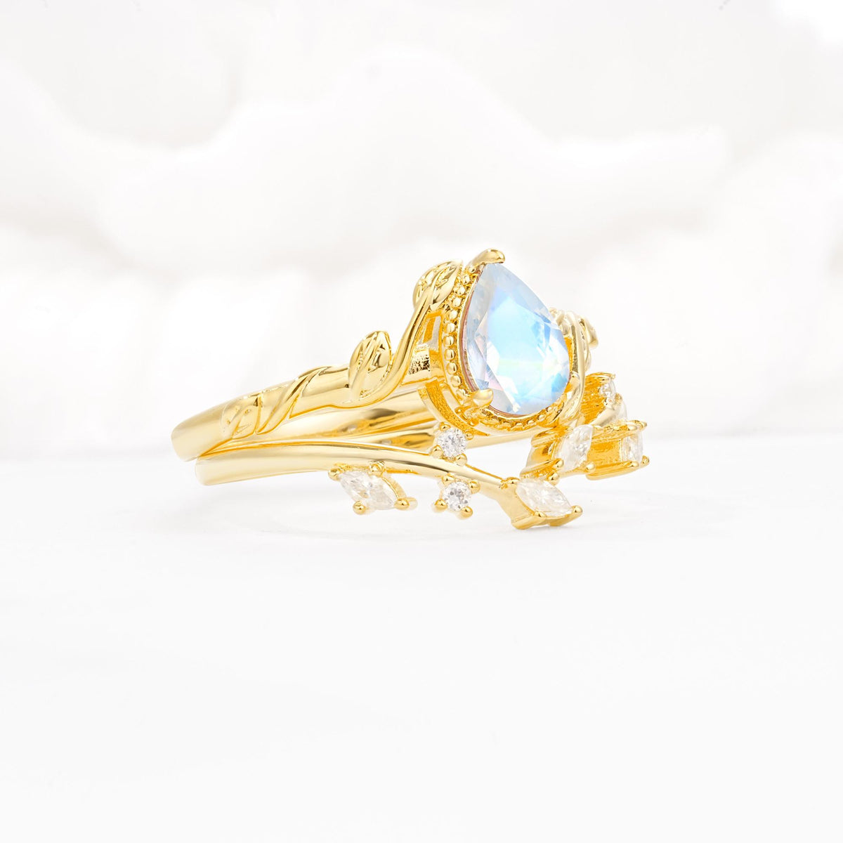 Nature-Inspired Bezel Pear Cut Moonstone Engagement Ring Set - Rose-Gold