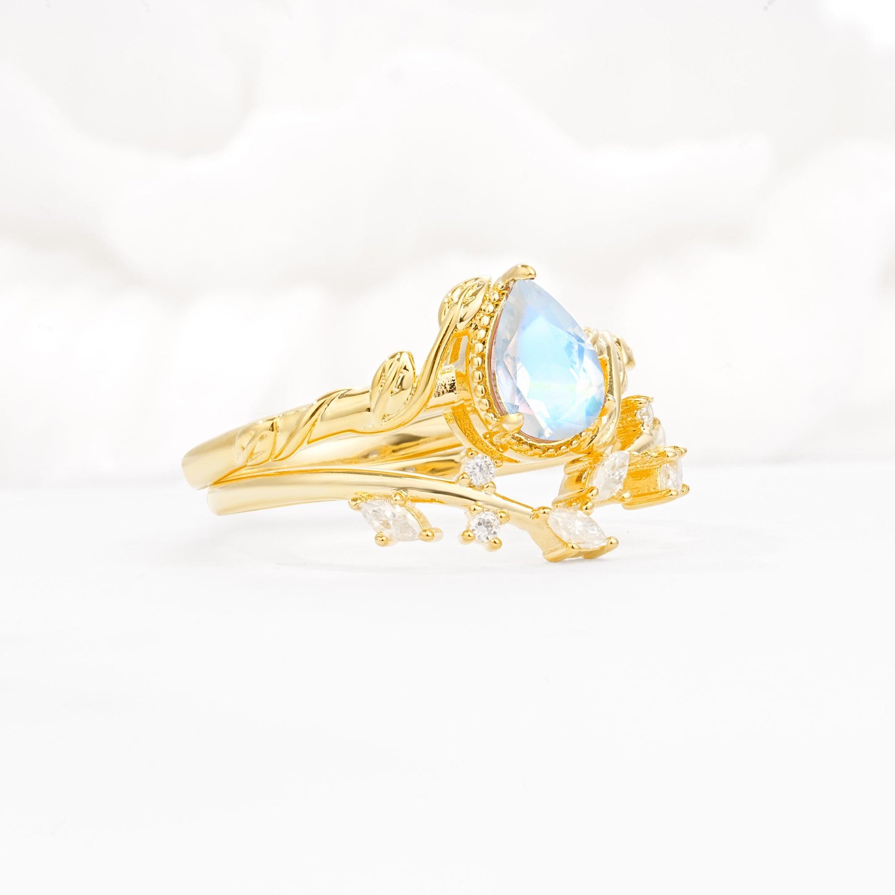 Nature-Inspired Bezel Pear Cut Moonstone Engagement Ring Set - Rose-Gold