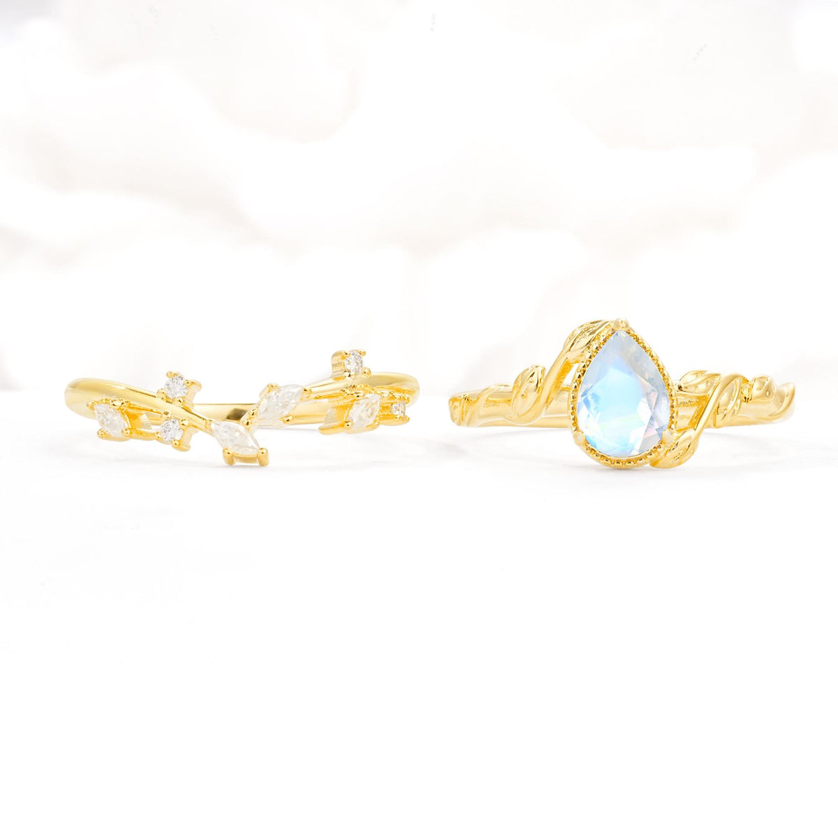 Nature-Inspired Bezel Pear Cut Moonstone Engagement Ring Set - White-Gold