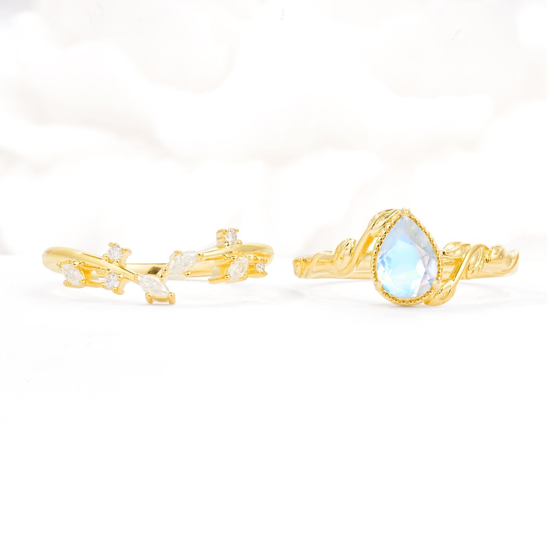 Nature-Inspired Bezel Pear Cut Moonstone Engagement Ring Set - White-Gold