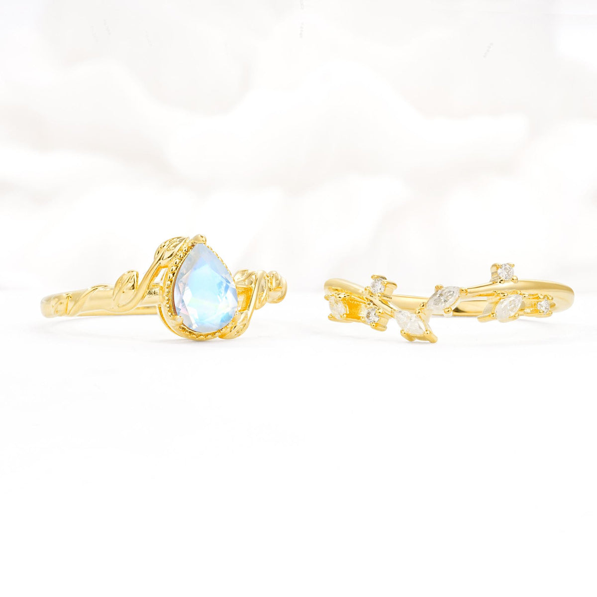 Nature-Inspired Bezel Pear Cut Moonstone Engagement Ring Set - Additional view