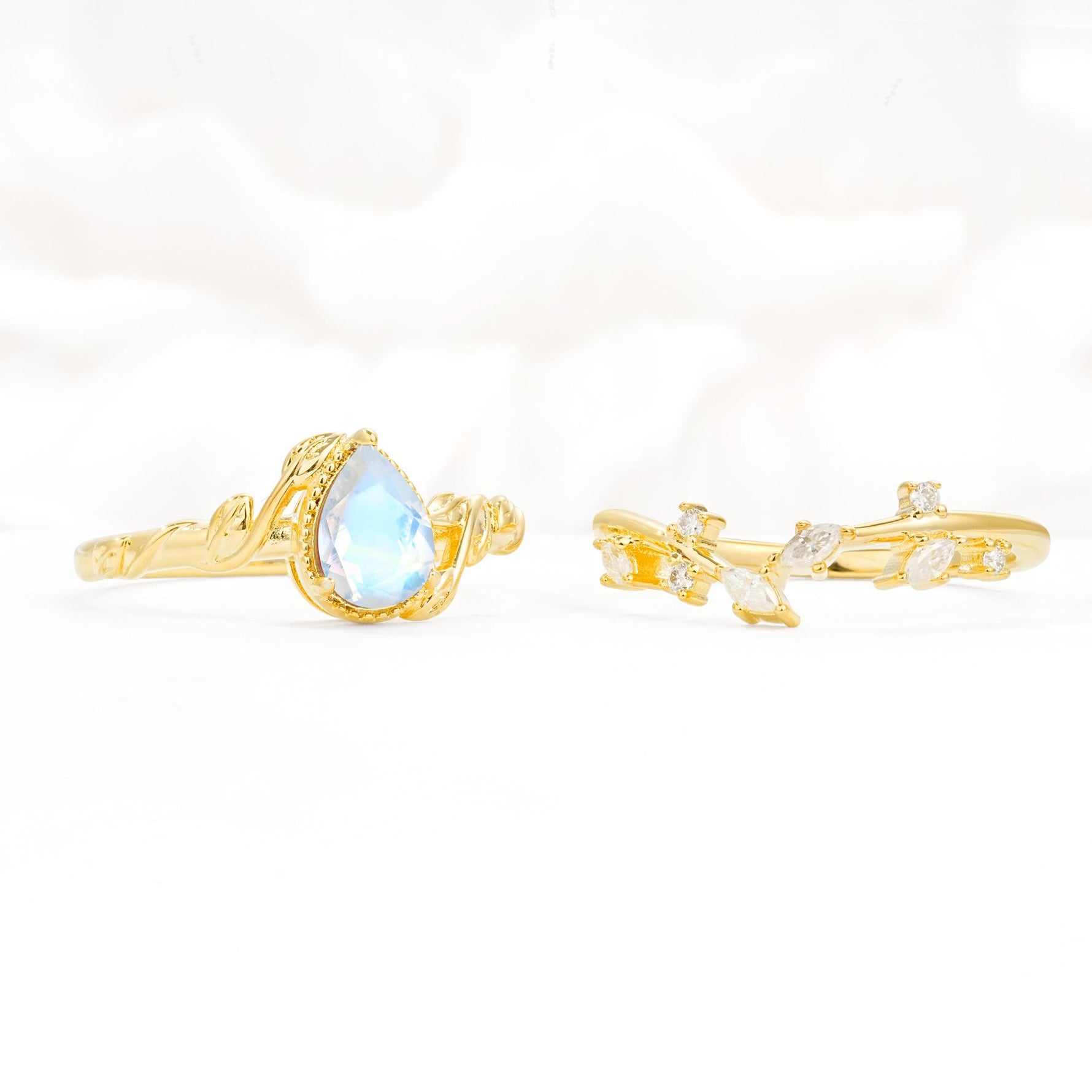 Nature-Inspired Bezel Pear Cut Moonstone Engagement Ring Set - Additional view