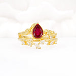 Nature-Inspired Bezel Pear Cut Ruby Engagement Ring Set - Yellow-Gold
