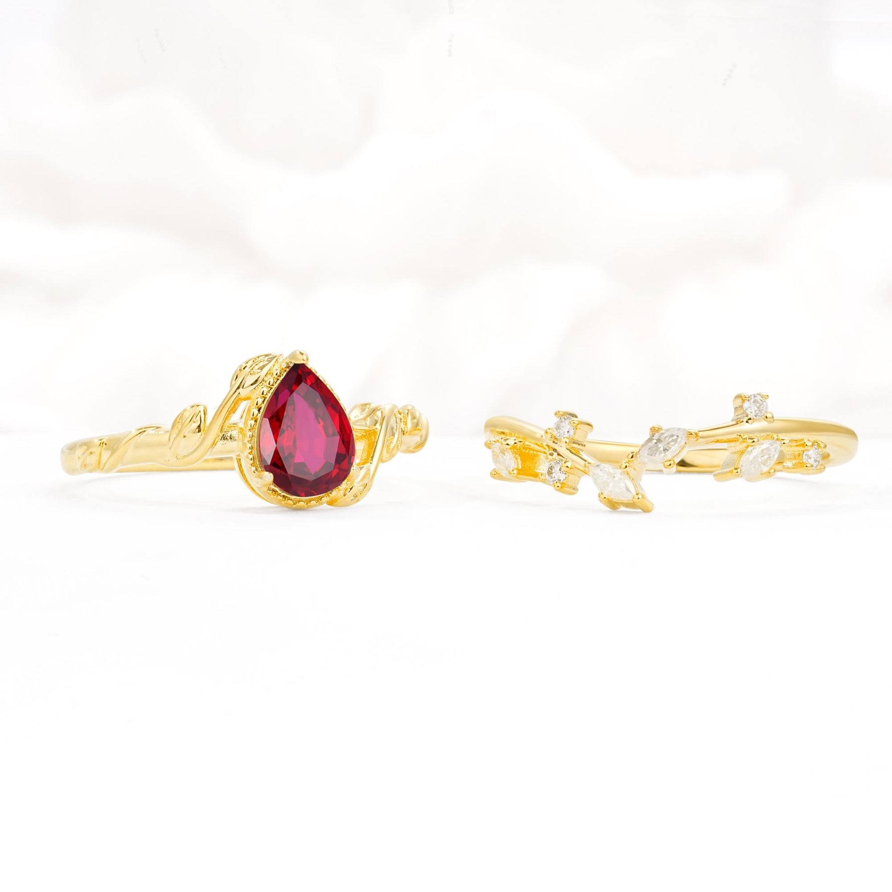 Nature-Inspired Bezel Pear Cut Ruby Engagement Ring Set - Additional view