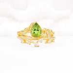 Nature-Inspired Bezel Pear Cut Peridot Engagement Ring Set - Yellow-Gold