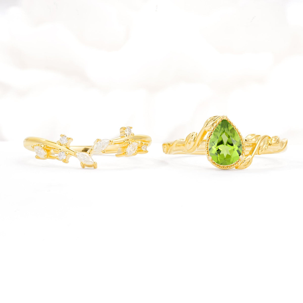 Nature-Inspired Bezel Pear Cut Peridot Engagement Ring Set - White-Gold