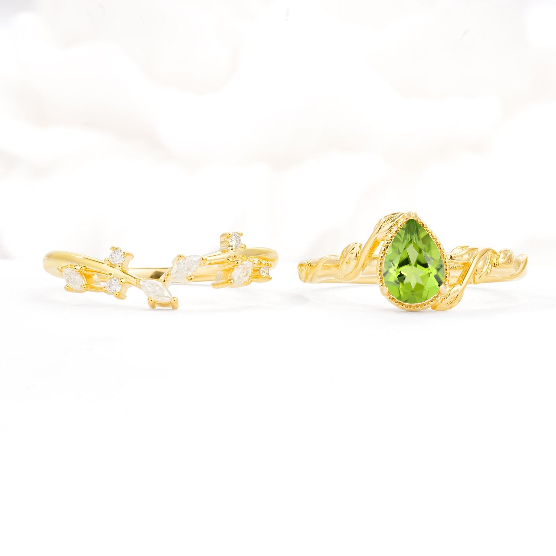 Nature-Inspired Bezel Pear Cut Peridot Engagement Ring Set - White-Gold