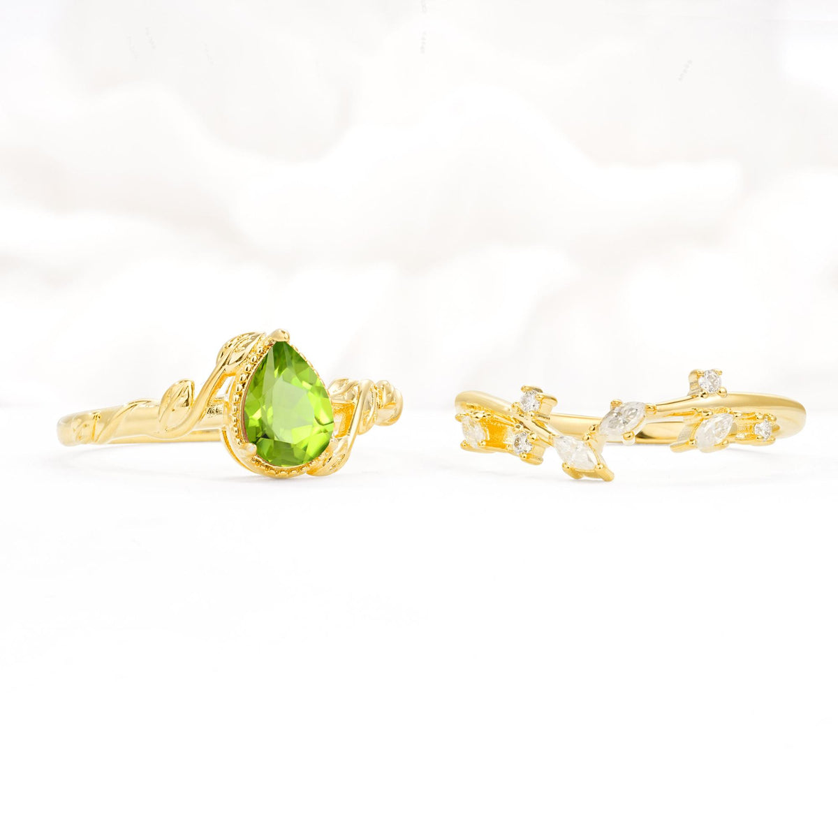 Nature-Inspired Bezel Pear Cut Peridot Engagement Ring Set - Additional view