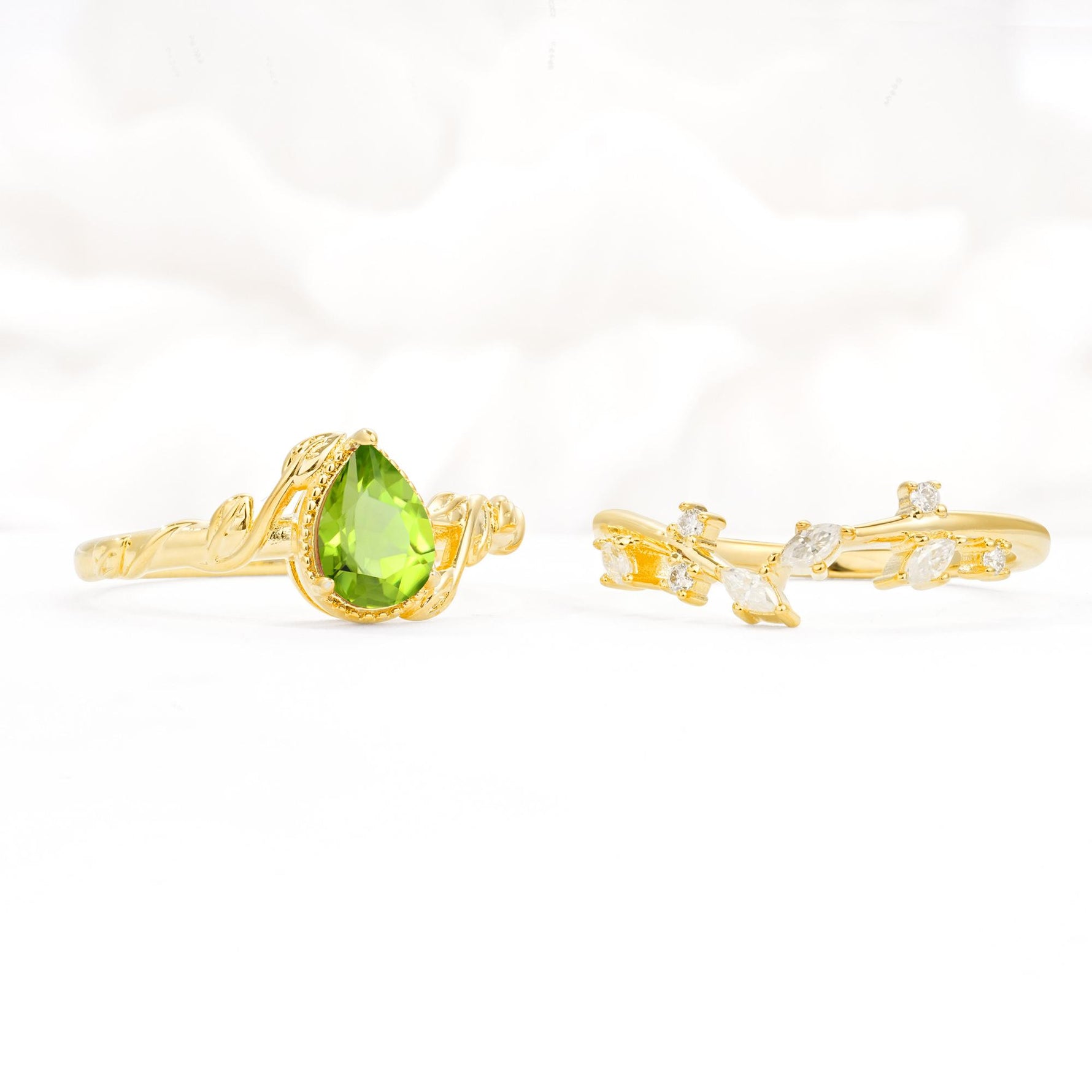 Nature-Inspired Bezel Pear Cut Peridot Engagement Ring Set - Additional view