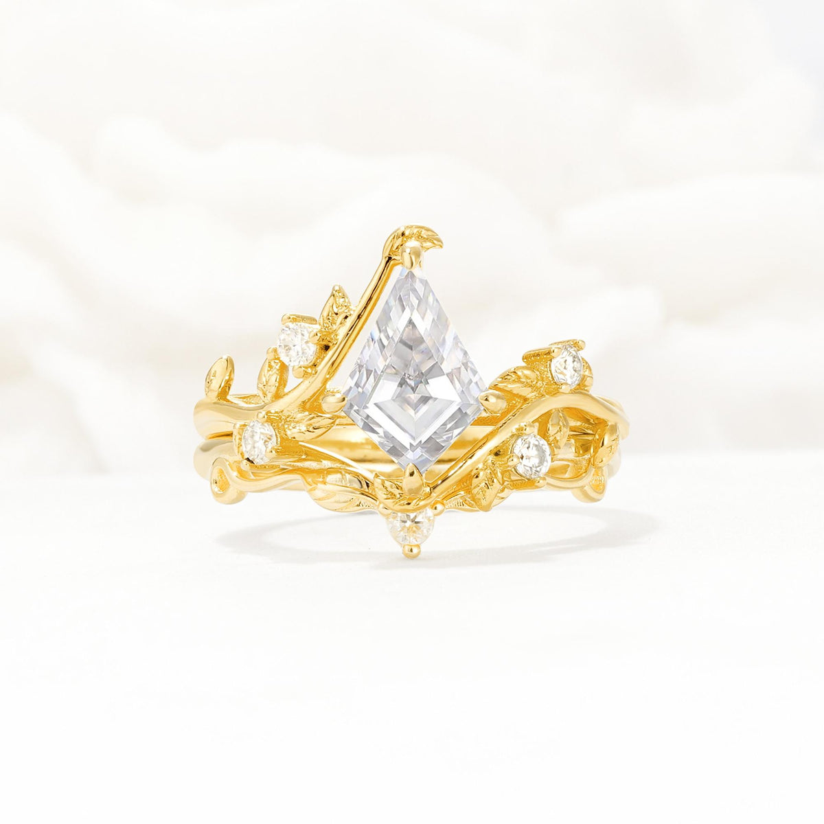 Botanical Kite Cut Moissanite Engagement Ring Set with Vine Accents - Yellow-Gold