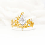 Botanical Kite Cut Moissanite Engagement Ring Set with Vine Accents - Yellow-Gold