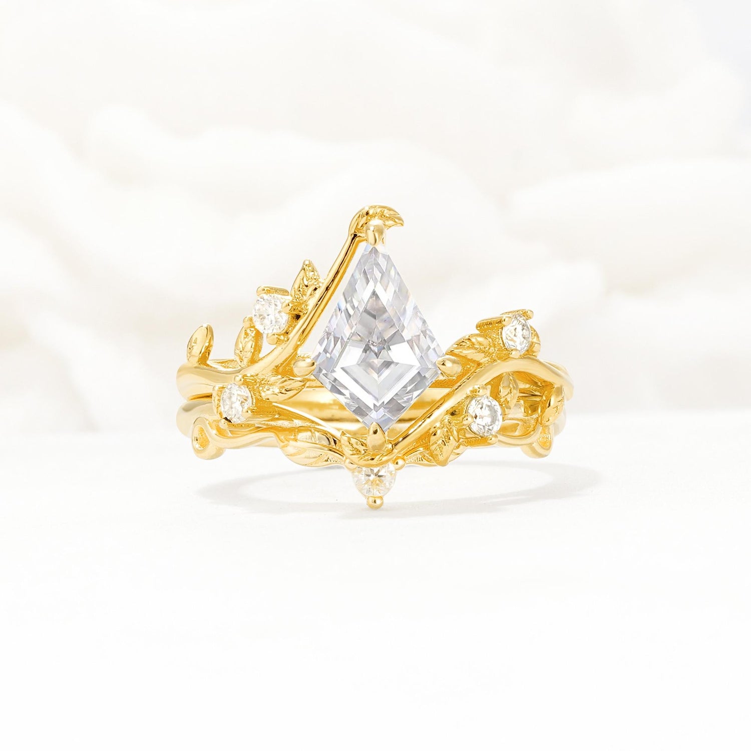 Botanical Kite Cut Moissanite Engagement Ring Set with Vine Accents - Yellow-Gold
