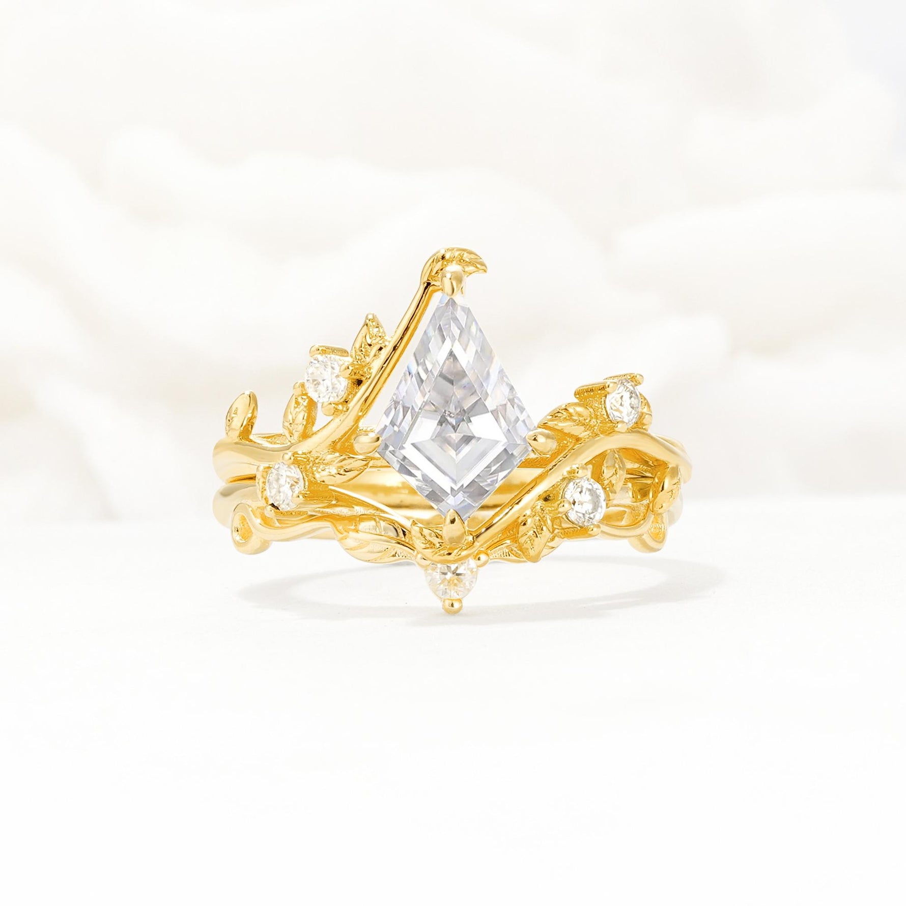 Botanical Kite Cut Moissanite Engagement Ring Set with Vine Accents - Yellow-Gold