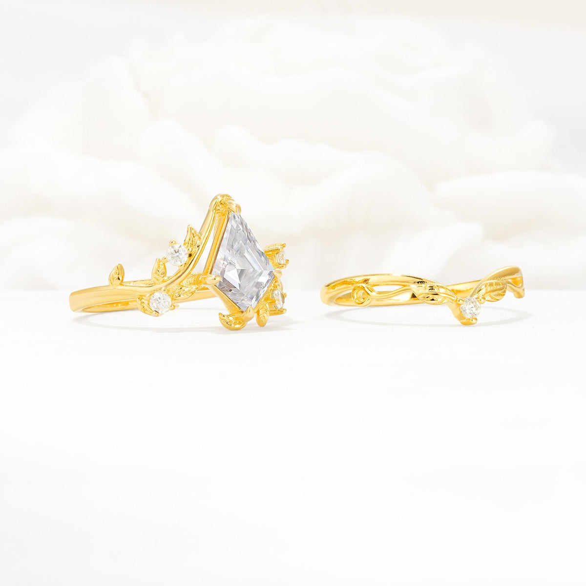 Botanical Kite Cut Moissanite Engagement Ring Set with Vine Accents - White-Gold