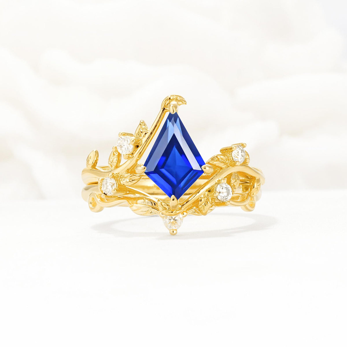 Botanical Kite Cut Sapphire Engagement Ring Set with Vine Accents - Yellow-Gold