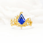 Botanical Kite Cut Sapphire Engagement Ring Set with Vine Accents - Yellow-Gold