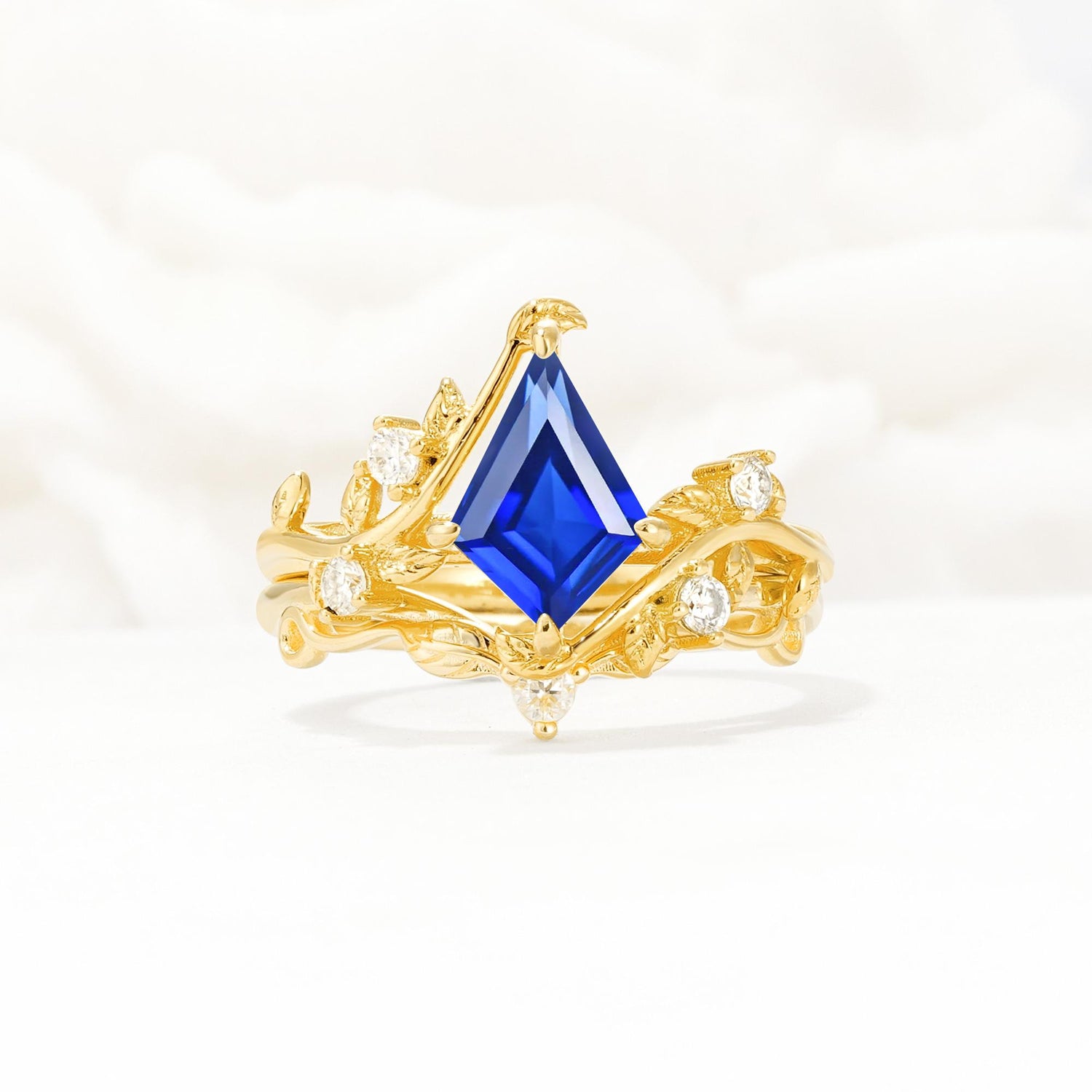 Botanical Kite Cut Sapphire Engagement Ring Set with Vine Accents - Yellow-Gold
