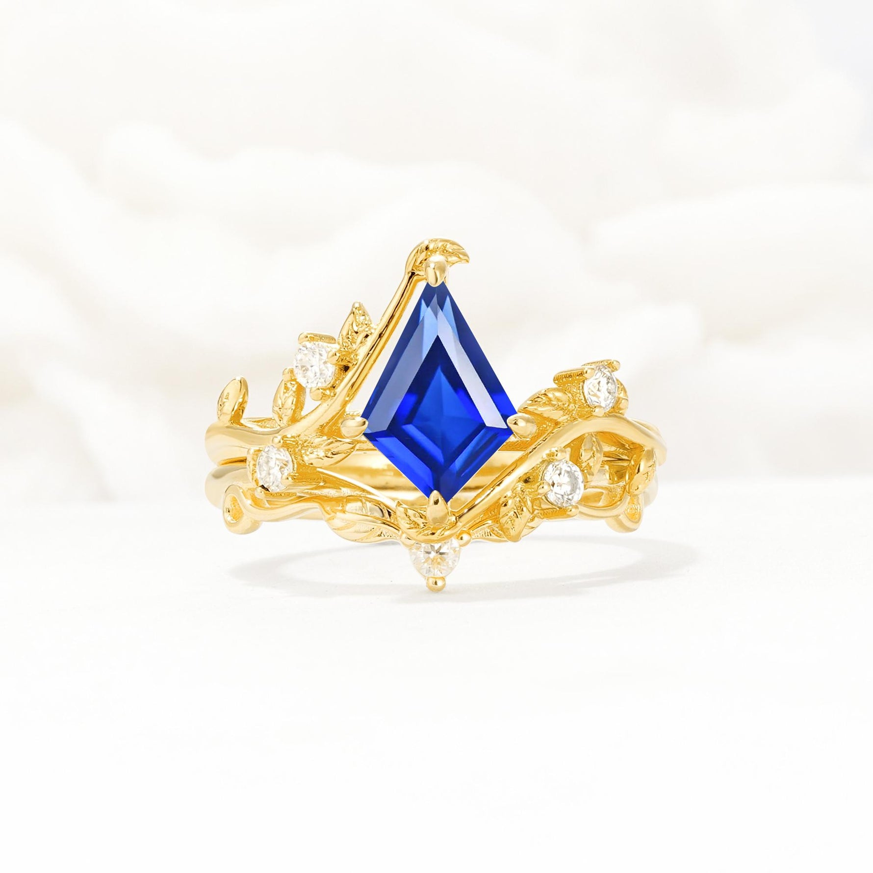 Botanical Kite Cut Sapphire Engagement Ring Set with Vine Accents - Yellow-Gold