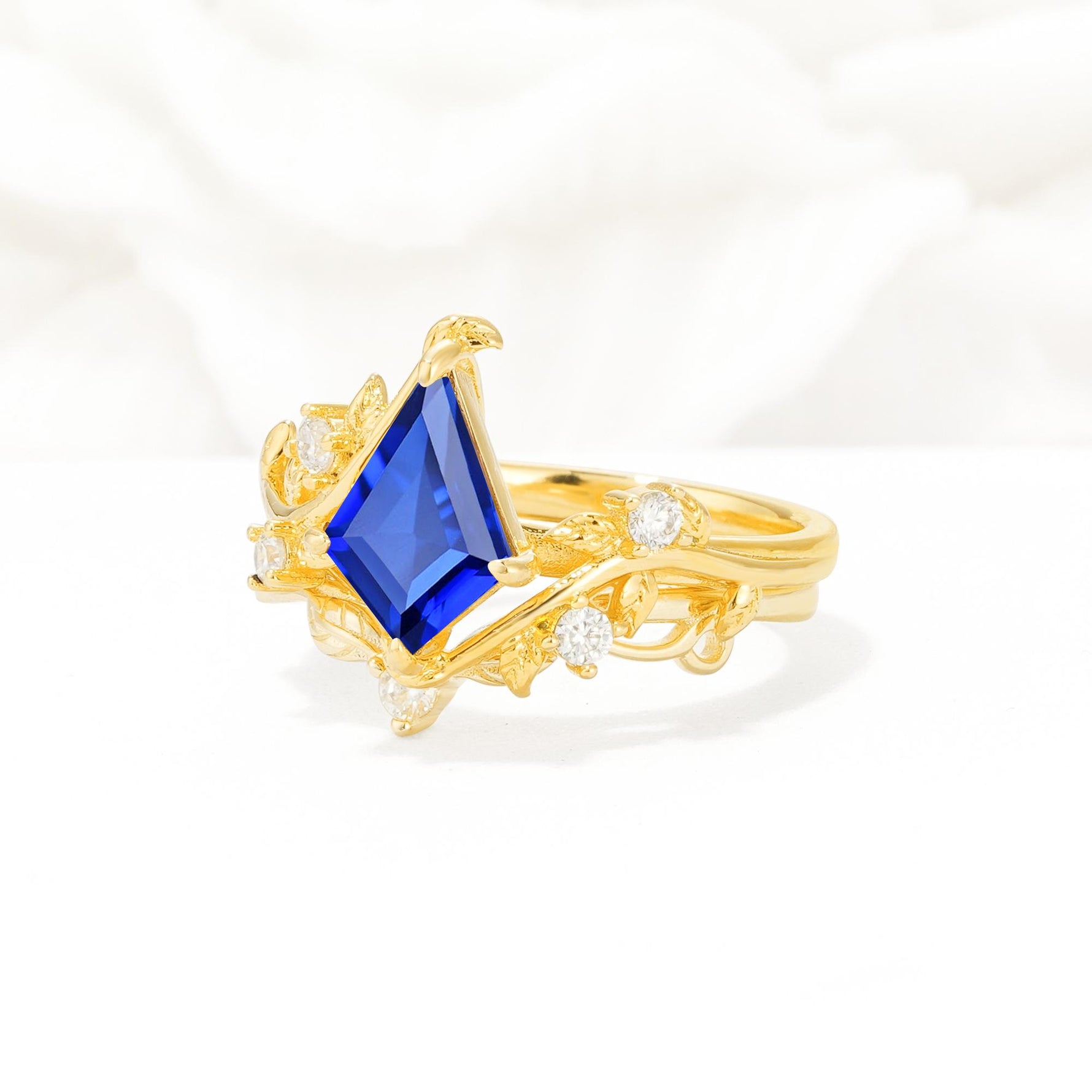 Botanical Kite Cut Sapphire Engagement Ring Set with Vine Accents - Rose-Gold