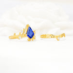 Botanical Kite Cut Sapphire Engagement Ring Set with Vine Accents - White-Gold