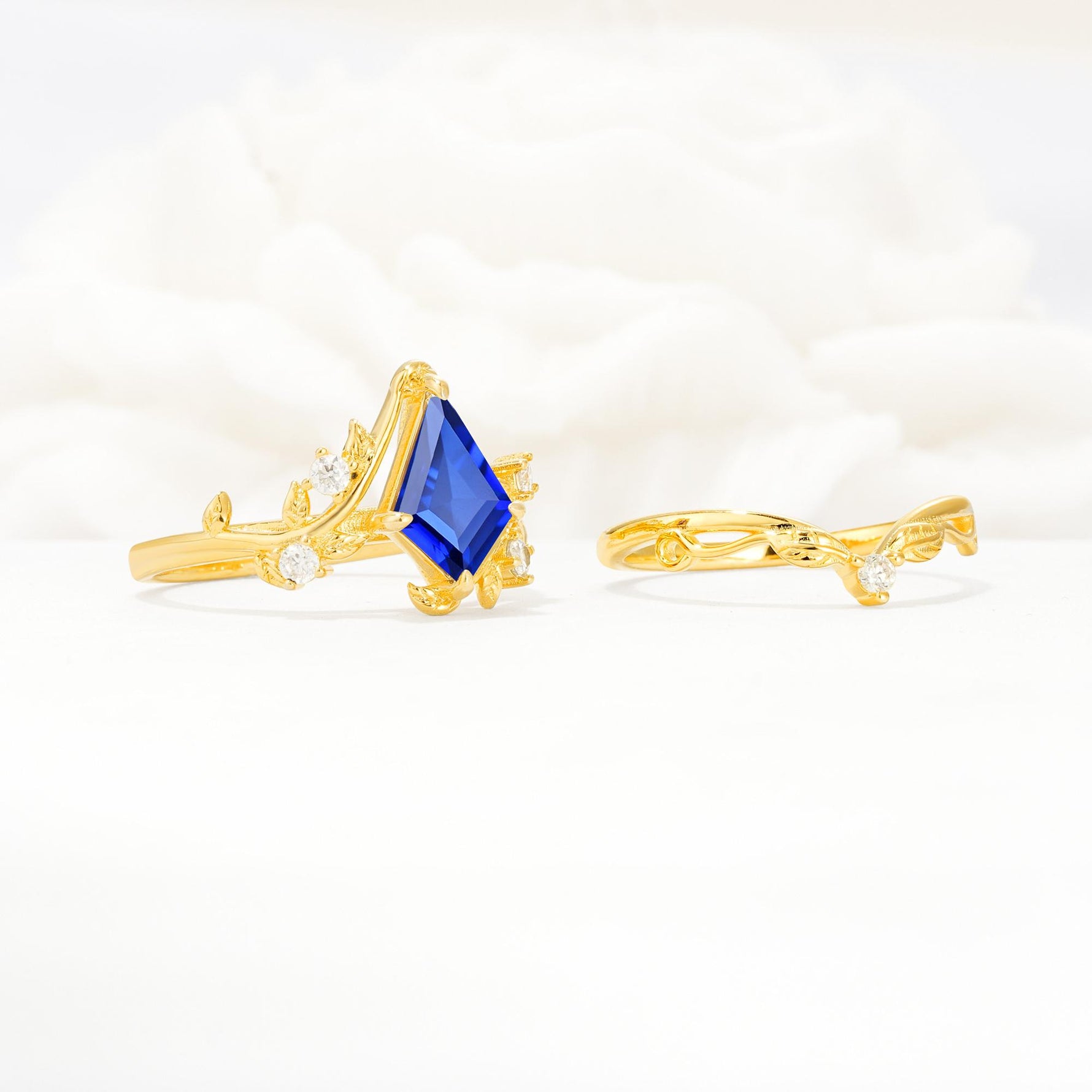 Botanical Kite Cut Sapphire Engagement Ring Set with Vine Accents - White-Gold
