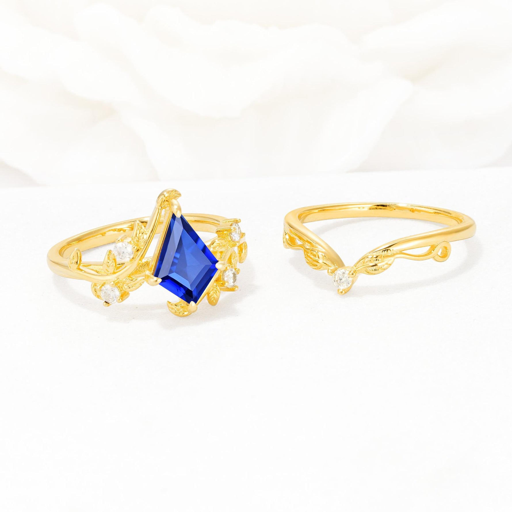 Botanical Kite Cut Sapphire Engagement Ring Set with Vine Accents - Additional view