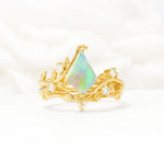 Botanical Kite Cut Fire Opal Engagement Ring Set with Vine Accents - Yellow-Gold