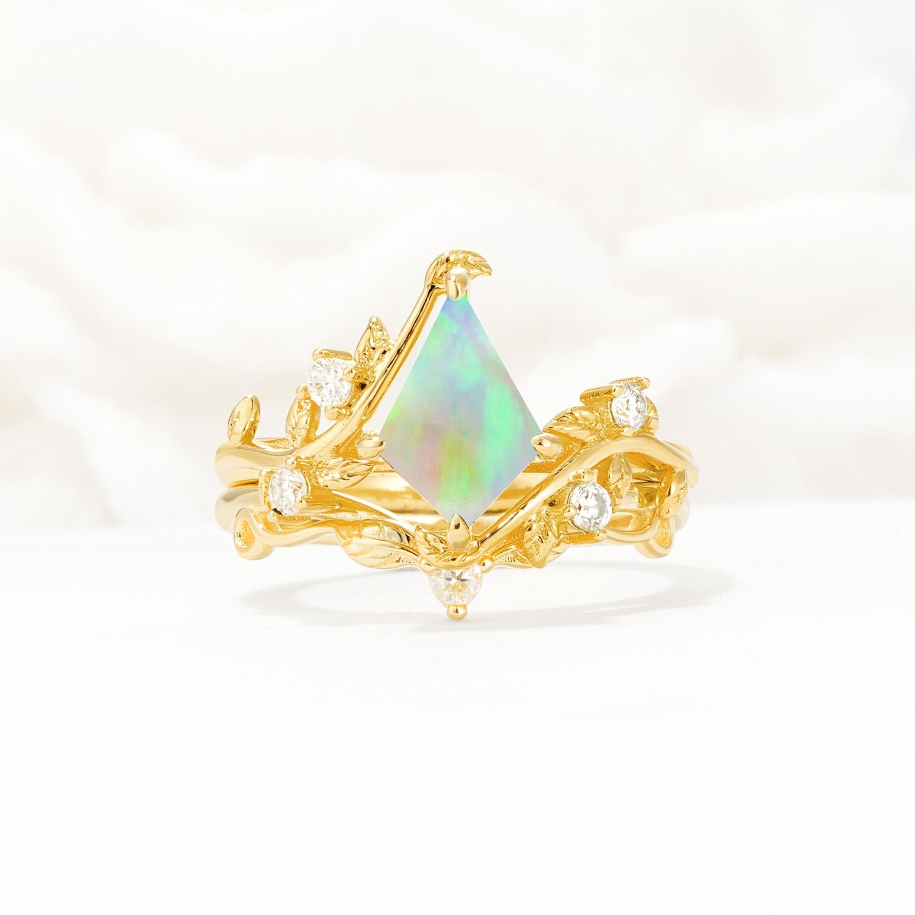 Botanical Kite Cut Fire Opal Engagement Ring Set with Vine Accents - Yellow-Gold