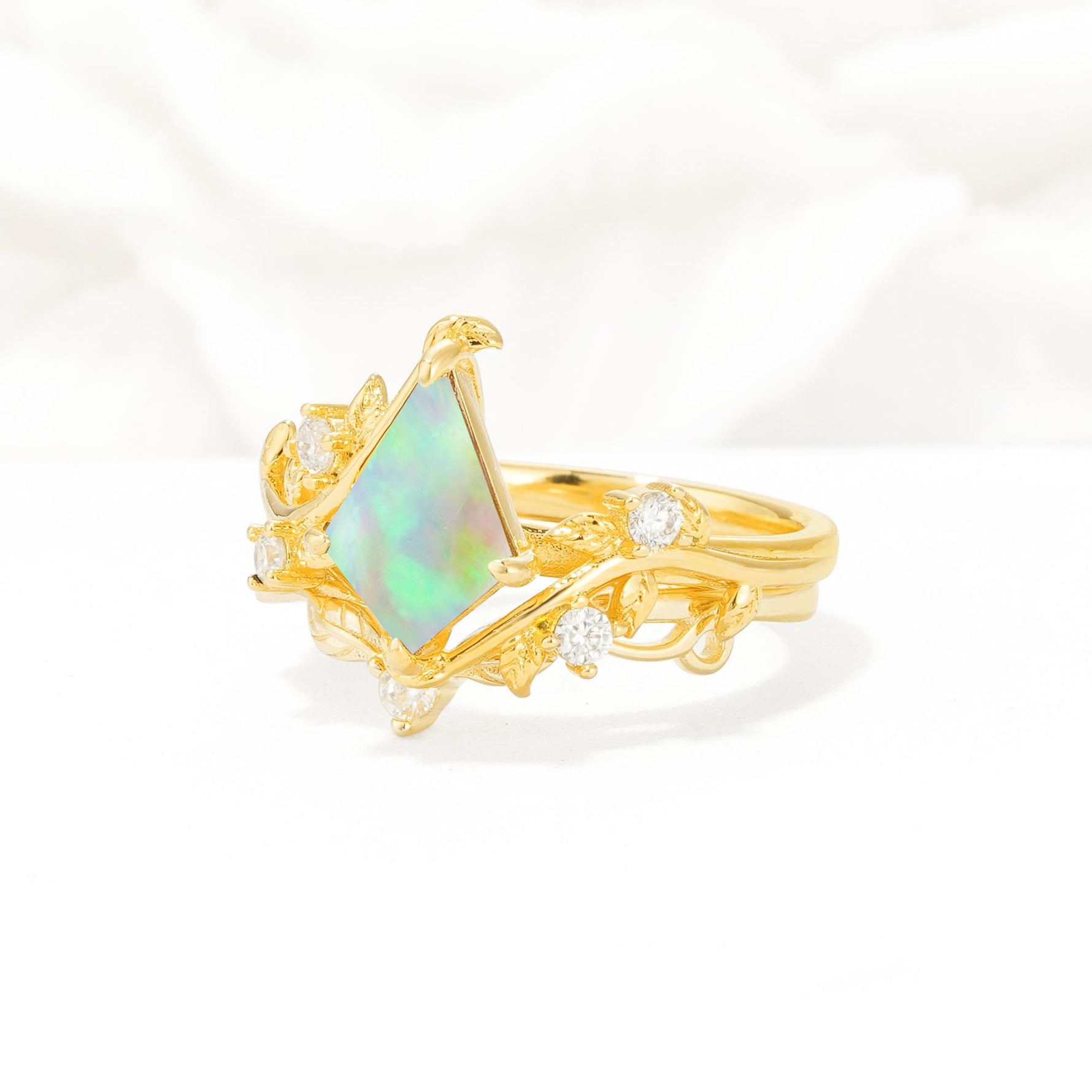 Botanical Kite Cut Fire Opal Engagement Ring Set with Vine Accents - Rose-Gold