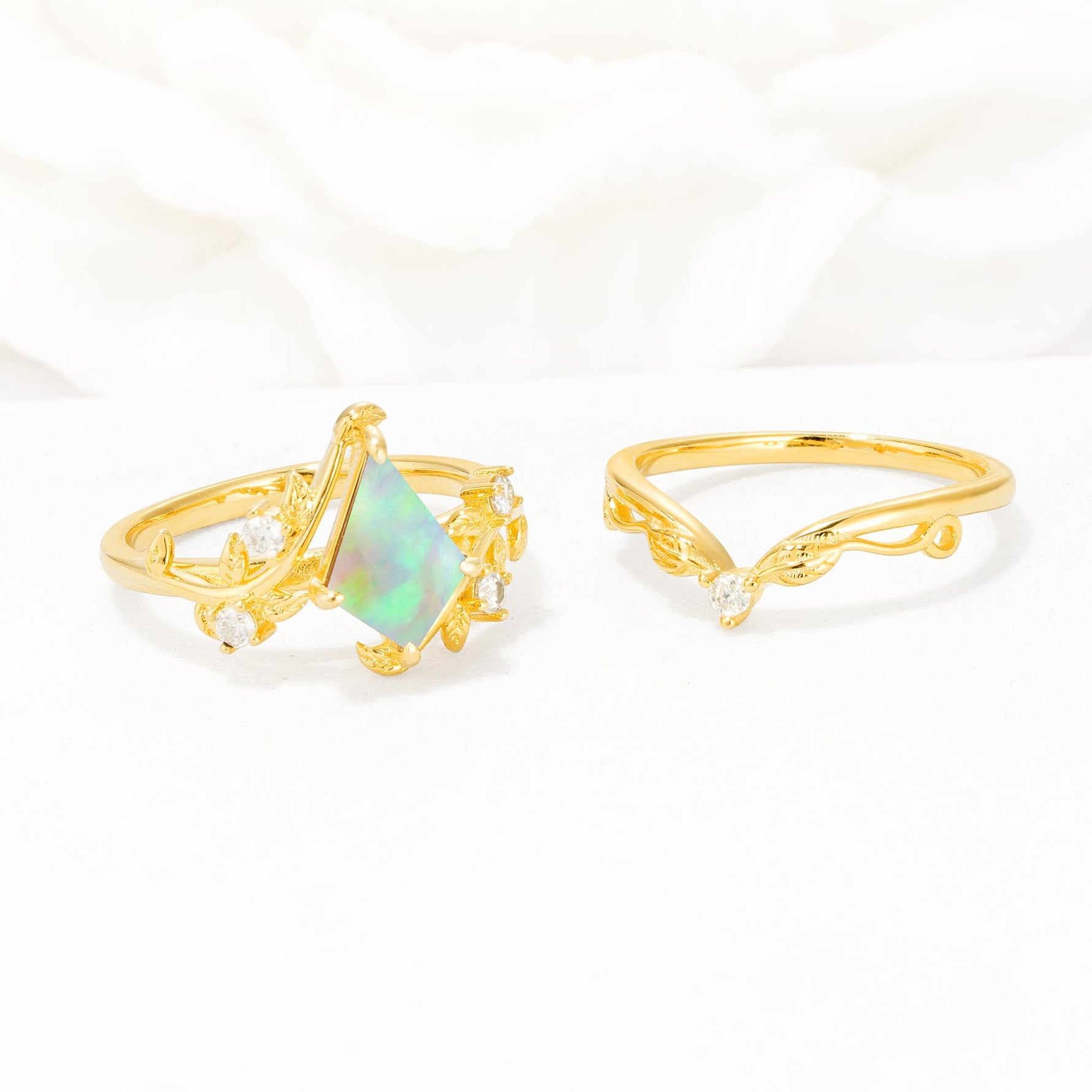 Botanical Kite Cut Fire Opal Engagement Ring Set with Vine Accents - Additional view