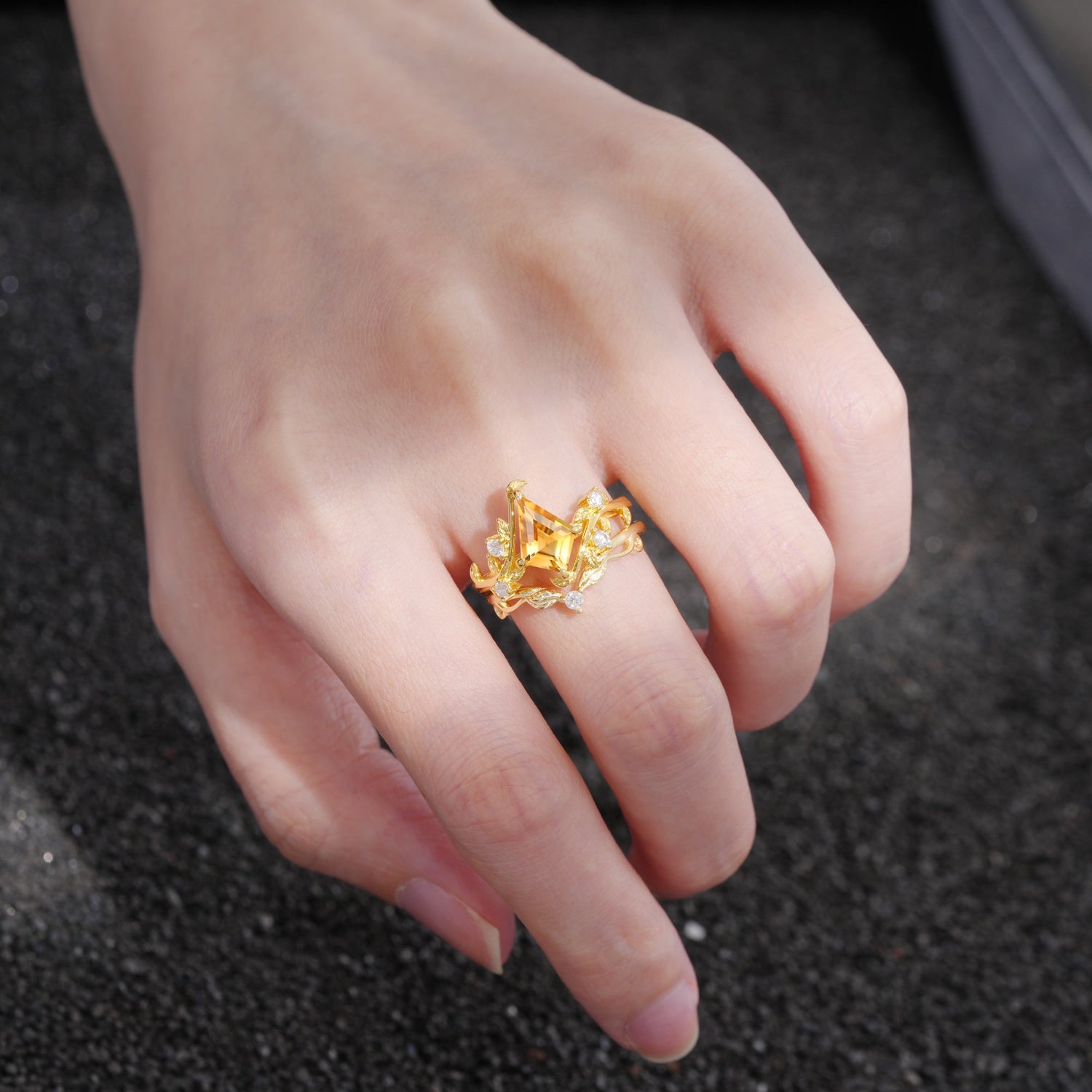 Botanical Kite Cut Citrine Engagement Ring Set with Vine Accents