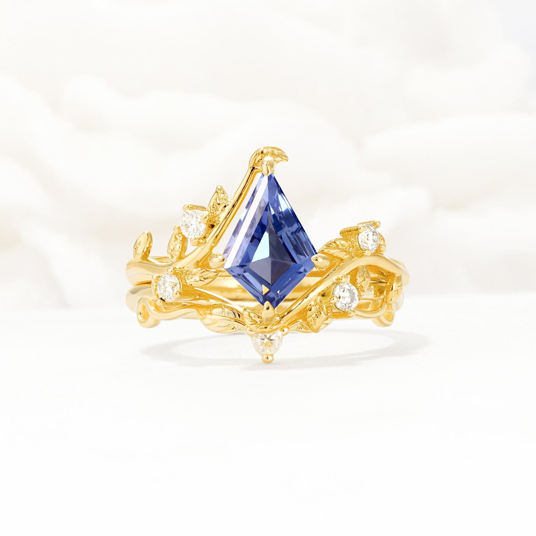 Botanical Kite Cut Tanzanite Engagement Ring Set with Vine Accents - Yellow-Gold