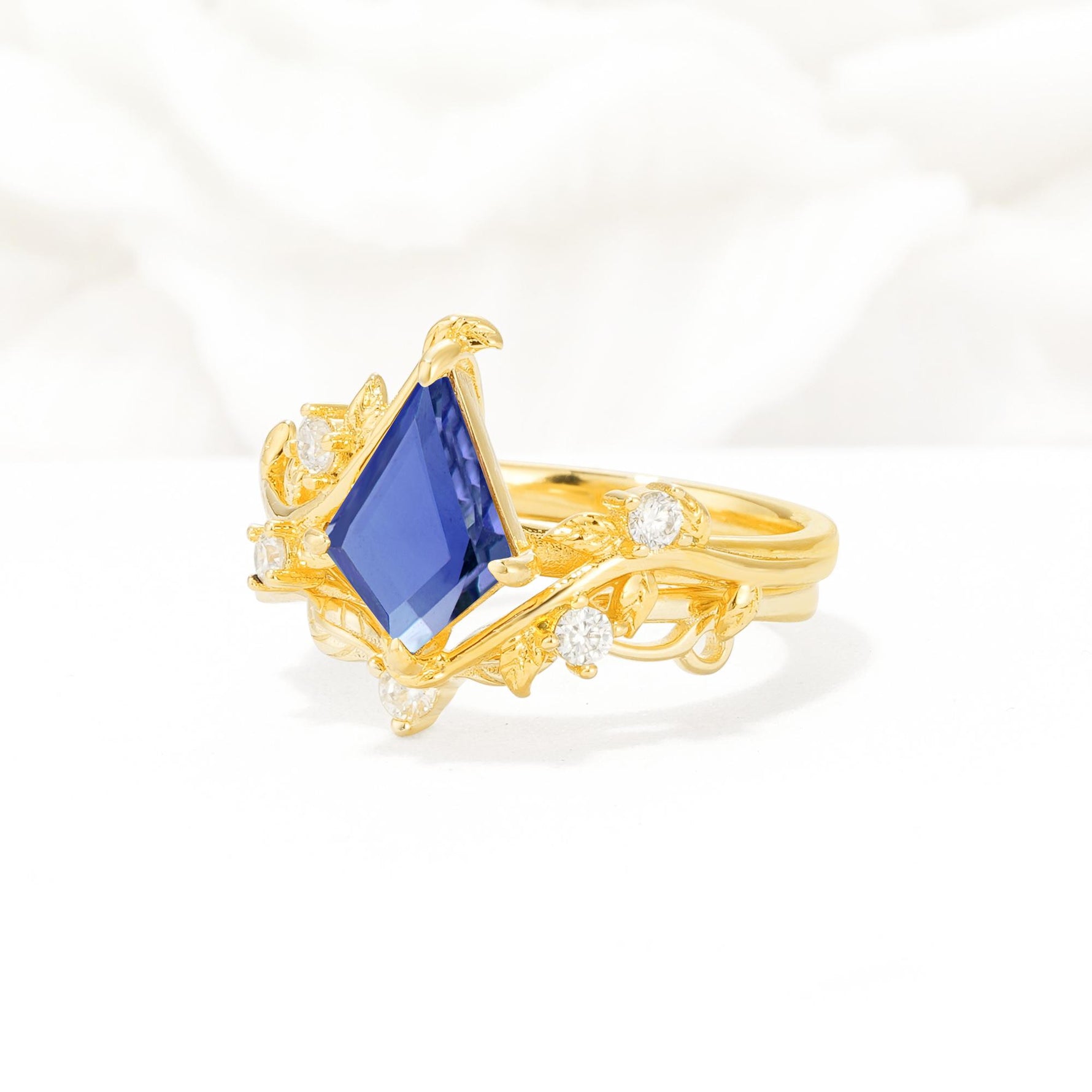 Botanical Kite Cut Tanzanite Engagement Ring Set with Vine Accents - Rose-Gold
