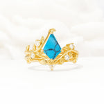 Botanical Kite Cut Turquoise Engagement Ring Set with Vine Accents - Yellow-Gold