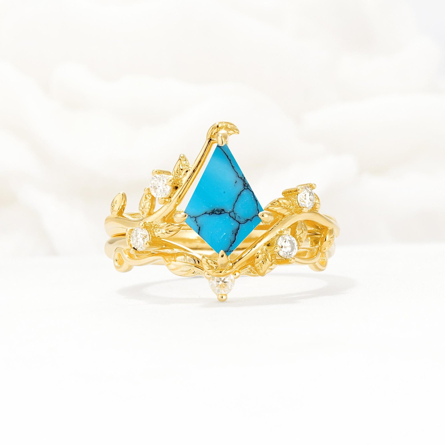 Botanical Kite Cut Turquoise Engagement Ring Set with Vine Accents - Yellow-Gold